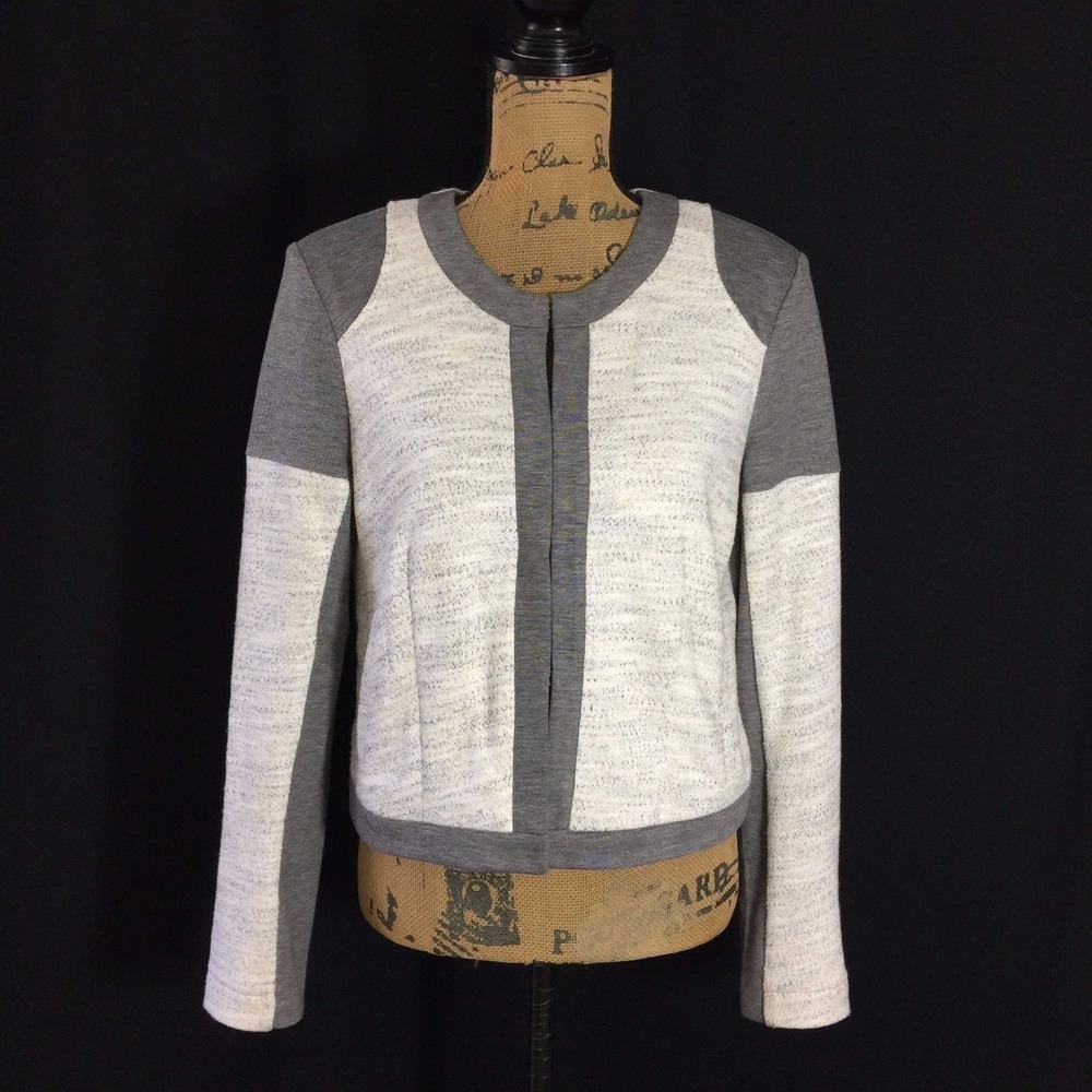 CAbi Jacket MED Heather Gray White Merle Hook Eye Closure Stretch‎ Lined Pockets